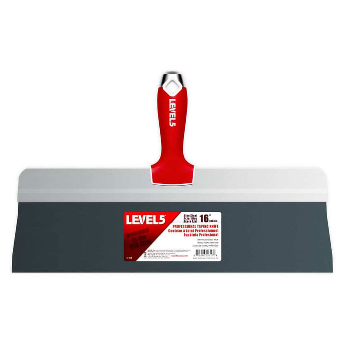 16-inch Level 5 Blue Steel Big Back Taping Knife with a blue steel blade and red soft-grip handle with a metal hammer head