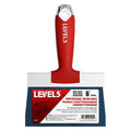 6-inch Level 5 Blue Steel Big Back Taping Knife with a blue steel blade and red soft-grip handle with a metal hammer head