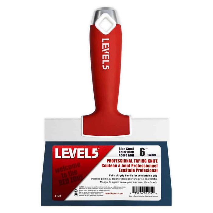 6-inch Level 5 Blue Steel Big Back Taping Knife with a blue steel blade and red soft-grip handle with a metal hammer head