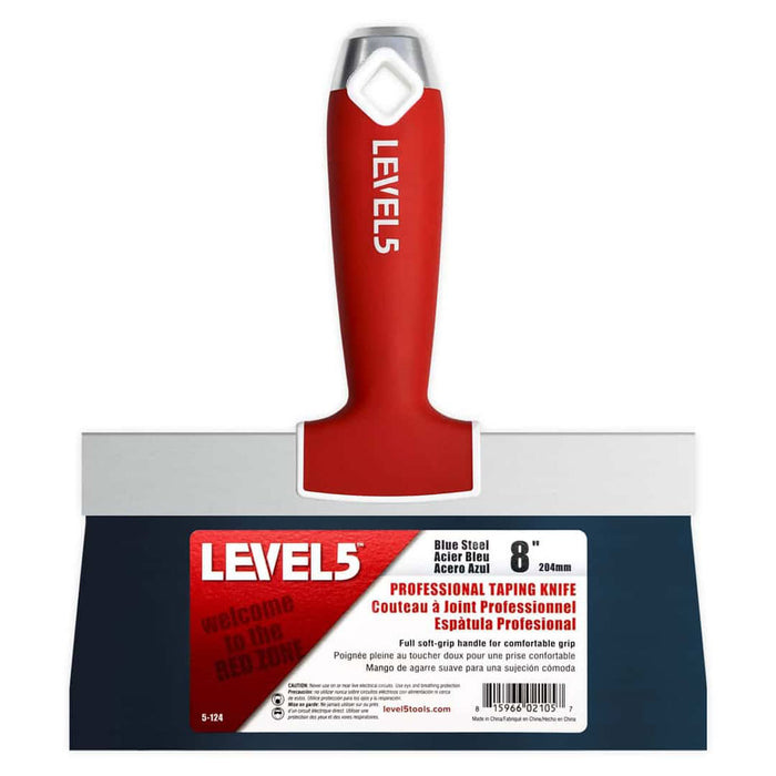 8-inch Level 5 Blue Steel Big Back Taping Knife with a blue steel blade and red soft-grip handle with a metal hammer head