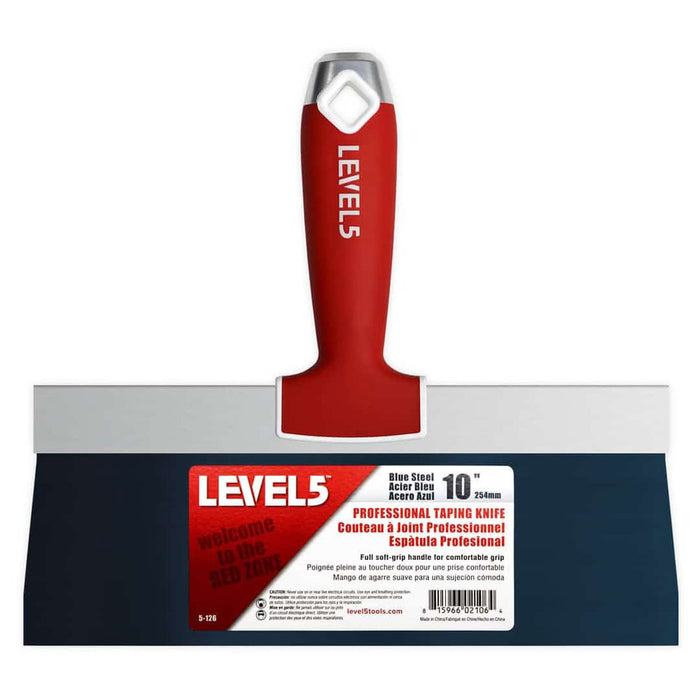 10-inch Level 5 Blue Steel Big Back Taping Knife with a blue steel blade and red soft-grip handle with a metal hammer head