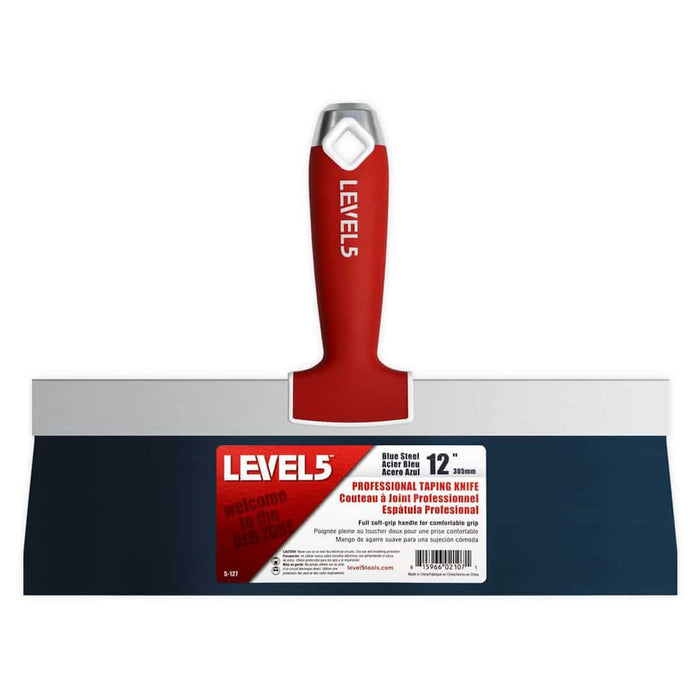 12-inch Level 5 Blue Steel Big Back Taping Knife with a blue steel blade and red soft-grip handle with a metal hammer head