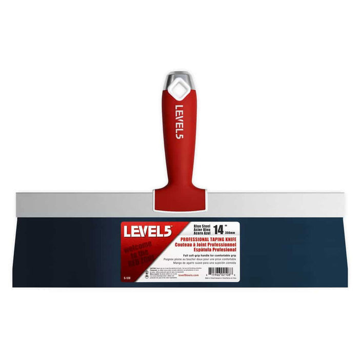 14-inch Level 5 Blue Steel Big Back Taping Knife with a blue steel blade and red soft-grip handle with a metal hammer head