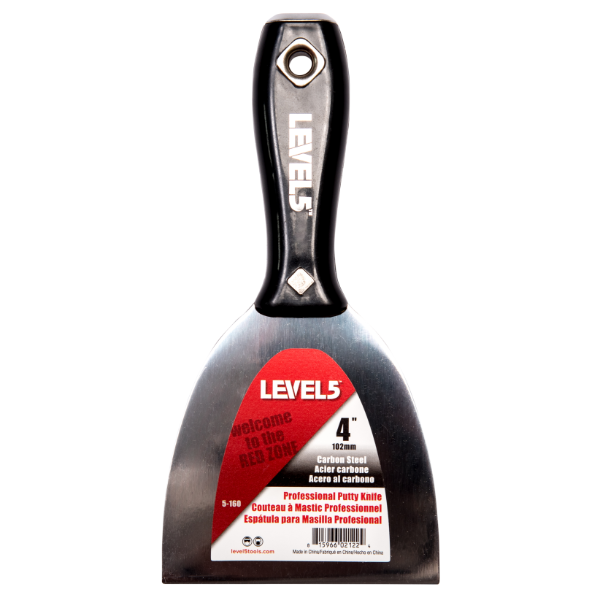 4-inch Level 5 Carbon Steel Joint Knife with carbon steel blade, black plastic handle, metal hammer end, and hang hole