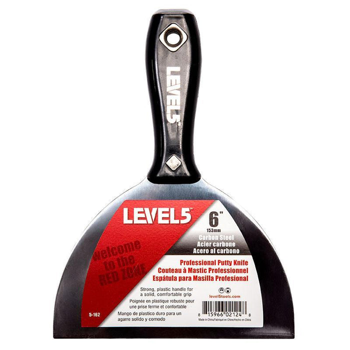 6-inch Level 5 Carbon Steel Joint Knife with carbon steel blade, black plastic handle, metal hammer end, and hang hole