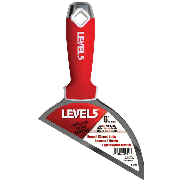 6-inch Level 5 Clipped Knife with a stainless steel blade, red soft-grip handle, metal hammer head, and hang hole