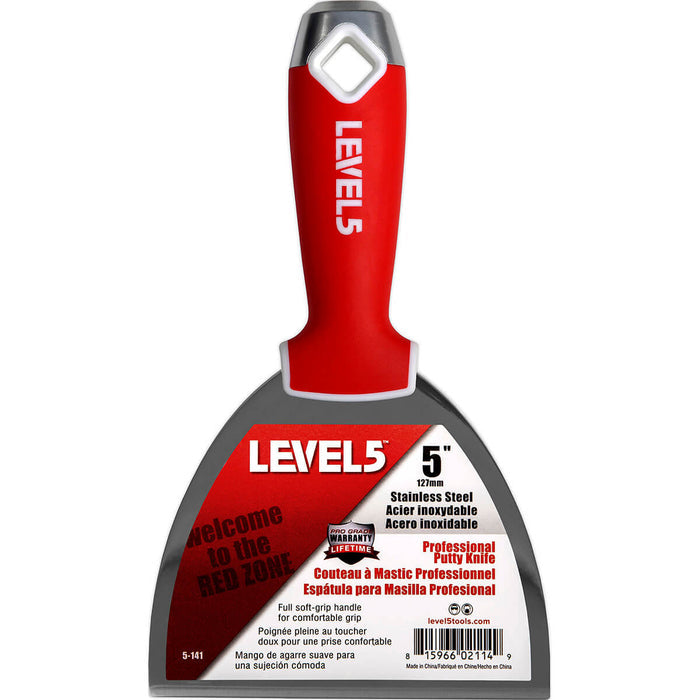 5-inch Level 5 Stainless Steel Joint Knife with steel blade, red soft-grip handle, metal hammer end, and hang hole