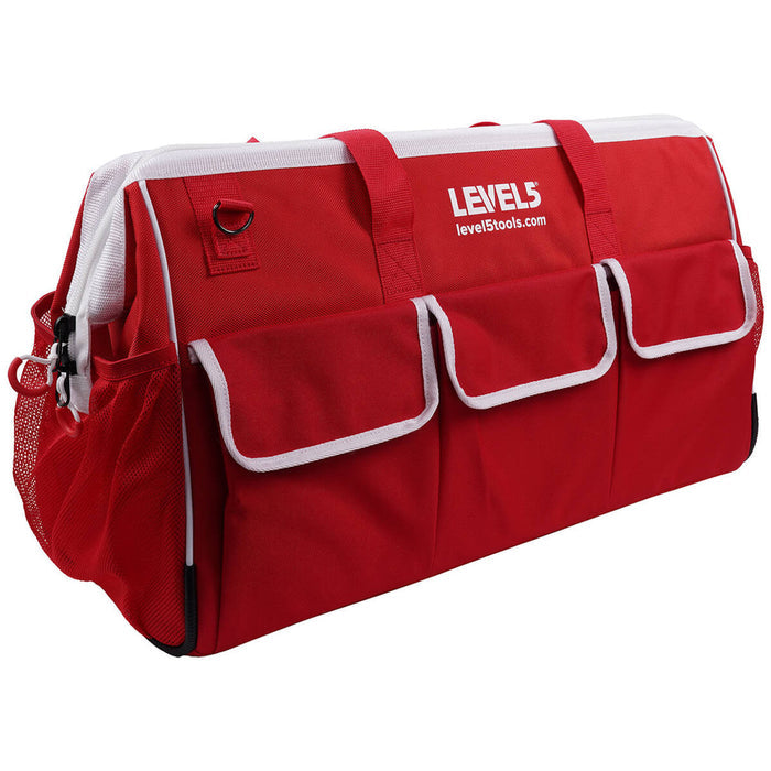 24-inch red Level 5 Duffel Tool Bag with large velcro side pockets, mesh side pockets, and white zipper, quarter view