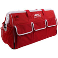 24-inch red Level 5 Duffel Tool Bag with large velcro side pockets, mesh side pockets, and white zipper, quarter view