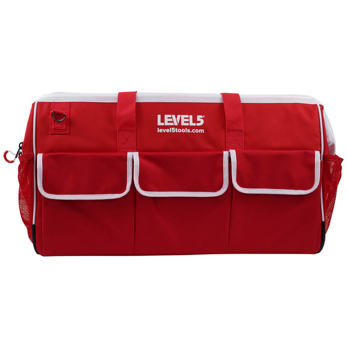 24-inch red Level 5 Duffel Tool Bag with large velcro side pockets, mesh side pockets, and white zipper, front view
