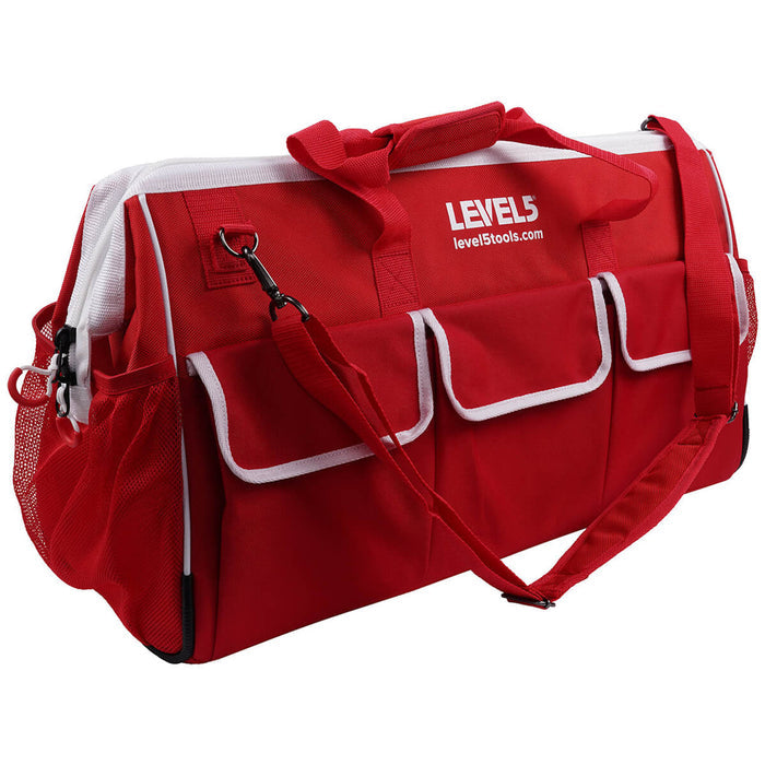 24-inch red Level 5 Duffel Tool Bag with large velcro side pockets, mesh side pockets, shoulder strap, and white zipper, quarter view