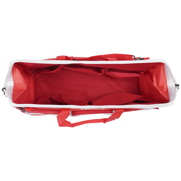 Top view of an open 24-inch red Level 5 Duffel Tool Bag showing a spacious opening and interior pockets