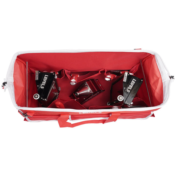 Open 24-inch red Level 5 Duffel Tool Bag with Level 5 automatic taping tools inside, top view
