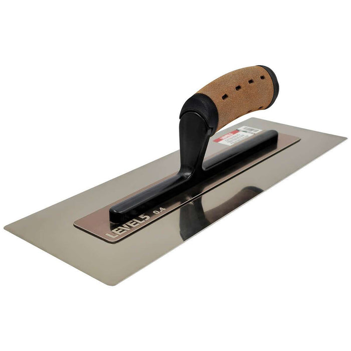 16-inch Level 5 Flat Flex Finishing Trowel with stainless steel blade, black powder coated handle mount, and non-slip leather composite grips