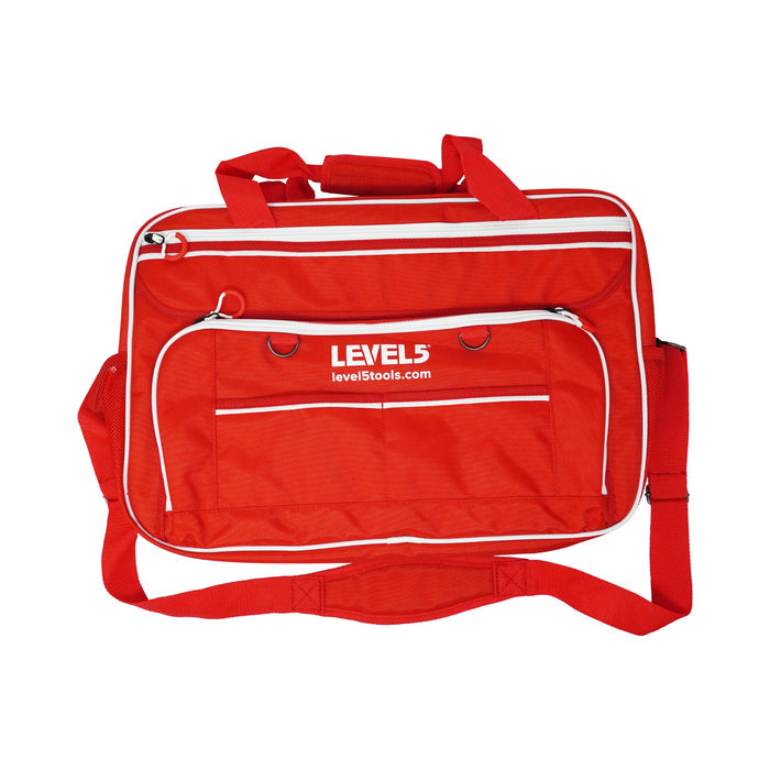 20-inch red Level 5 Duffel Tool Bag with zipper side pockets, mesh side pockets, shoulder strap, and white zipper, front view
