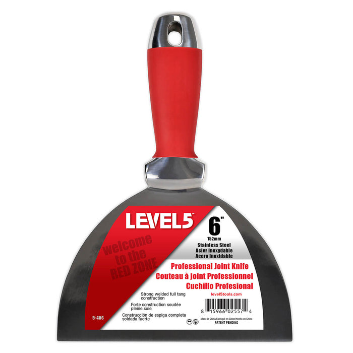 6-inch One Piece Level 5 Joint Knife with stainless steel blade, red heat-shrink handle grip, and hang hole