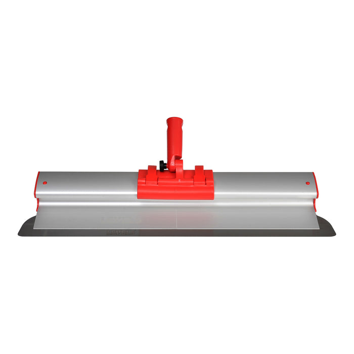 Close-up of Level 5 Skimming Blade with a steel blade, red end caps, and a grey plastic body attached to a red extendable handle