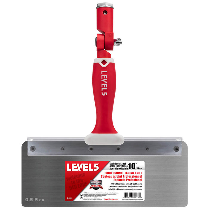 10-inch Level 5 Stainless Steel Flex Offset Knife with red handle, and removable zinc hammer end