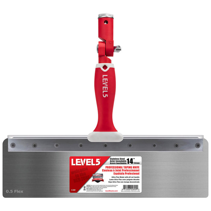 14-inch Level 5 Stainless Steel Flex Offset Knife with red handle, and removable zinc hammer end