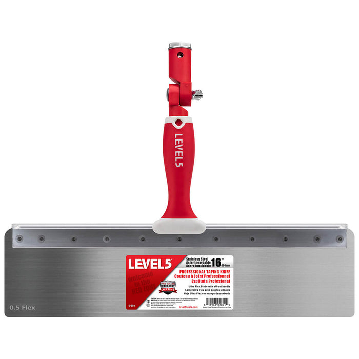 16-inch Level 5 Stainless Steel Flex Offset Knife with red handle, and removable zinc hammer end