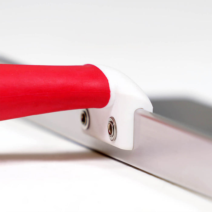 Close-up of red handle offset from blade on Level 5 Stainless Steel Stiff Offset Knife