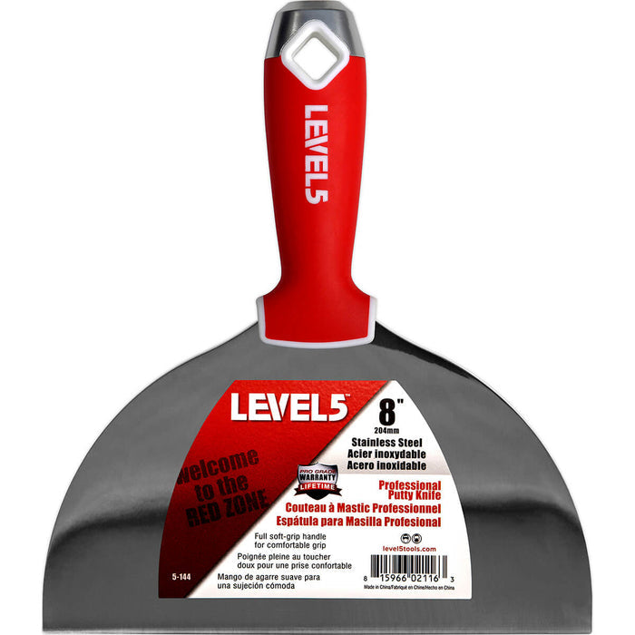 8-inch Level 5 Stainless Steel Joint Knife with steel blade, red soft-grip handle, metal hammer end, and hang hole