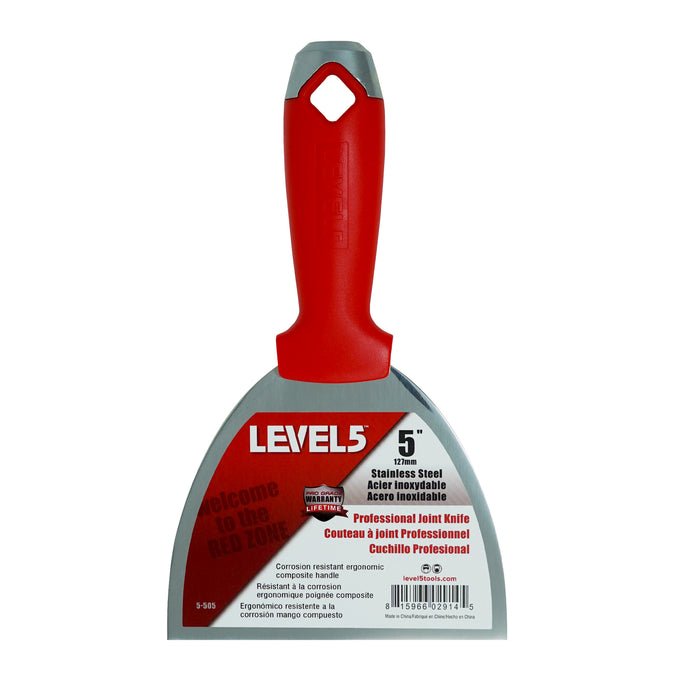 5-inch Level 5 Stainless Steel Joint Knife with red composite handle, metal hammer end, and hang hole