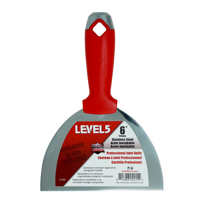 6-inch Level 5 Stainless Steel Joint Knife with red composite handle, metal hammer end, and hang hole