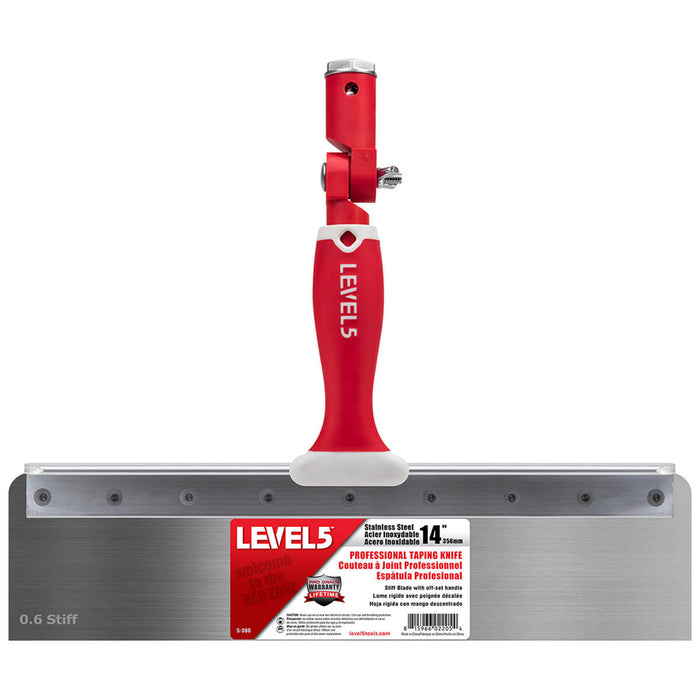 14-inch Level 5 Stainless Steel Stiff Offset Knife with red handle, and removable zinc hammer end