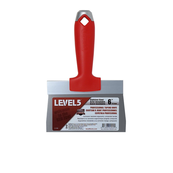 6-inch Level 5 Stainless Steel Taping Knife with red composite handle, metal hammer end, and hang hole