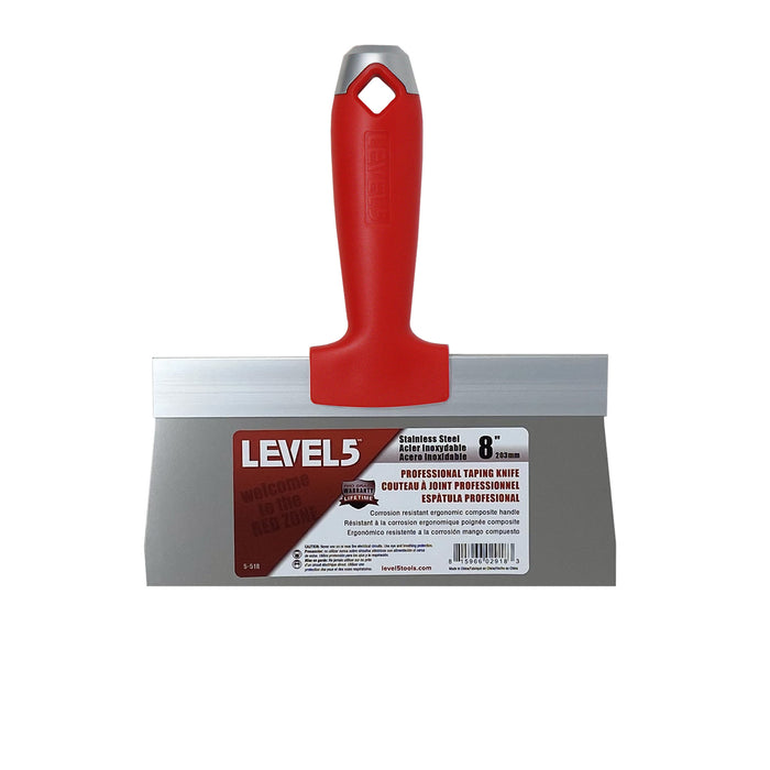 8-inch Level 5 Stainless Steel Taping Knife with red composite handle, metal hammer end, and hang hole