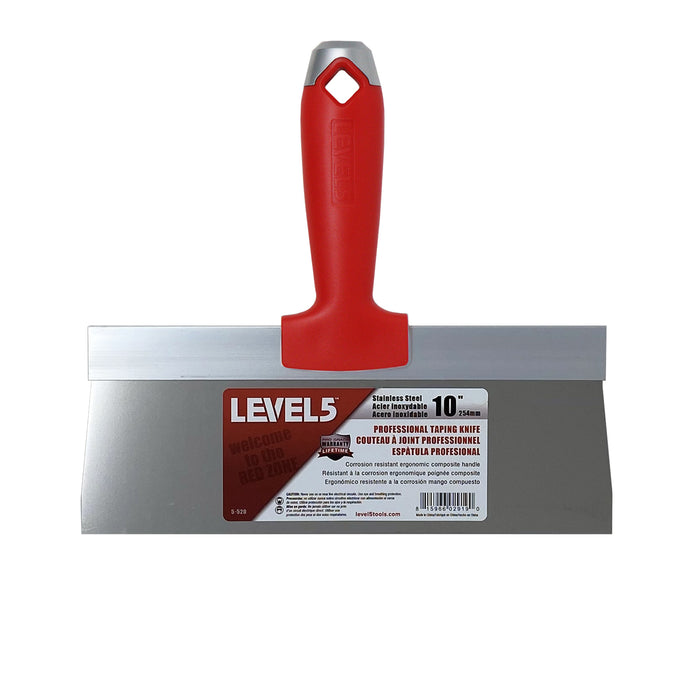 10-inch Level 5 Stainless Steel Taping Knife with red composite handle, metal hammer end, and hang hole