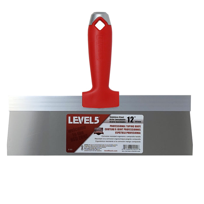 12-inch Level 5 Stainless Steel Taping Knife with red composite handle, metal hammer end, and hang hole