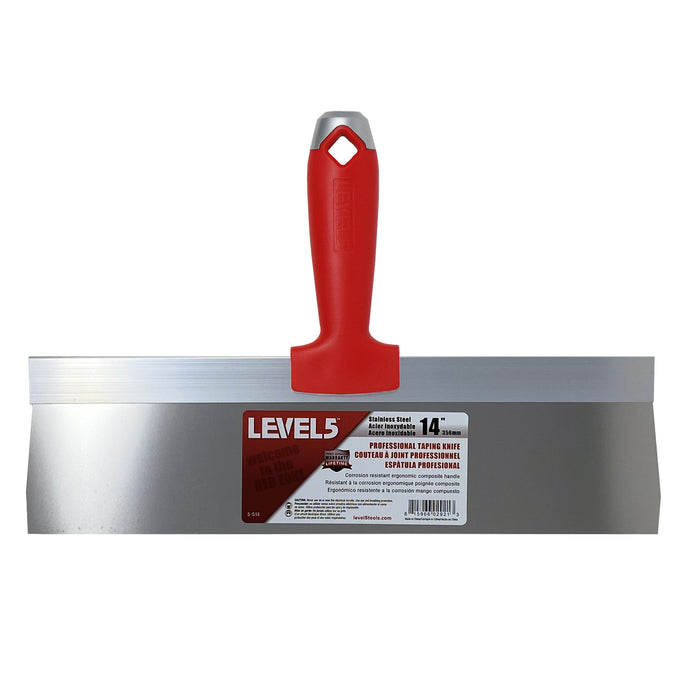 14-inch Level 5 Stainless Steel Taping Knife with red composite handle, metal hammer end, and hang hole