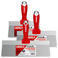 Level 5 hand tool set including 8-inch, 10-inch, and 12-inch taping knives with stainless steel blades and red-soft grip handles