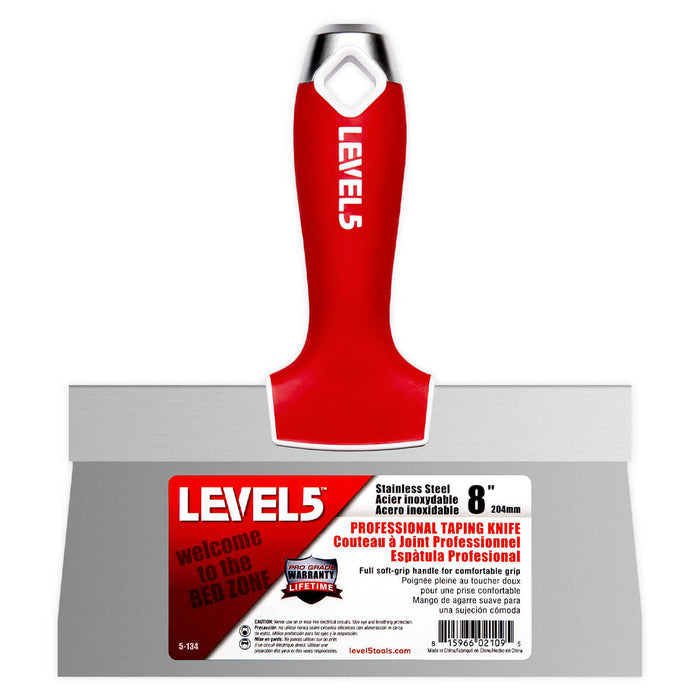 8-inch Level 5 Stainless Steel Taping Knife with steel blade, red soft-grip handle, metal hammer end, and hang hole