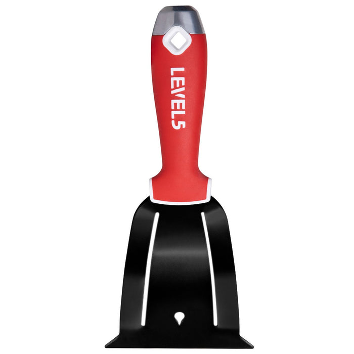 4-inch Level 5 Stainless Steel Trim Puller with red composite handle, metal hammer end, and hang hole, back view