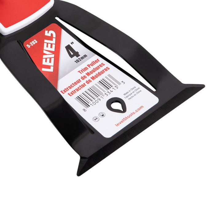 Close-up of Level 5 Trim Puller stainless steel blade with split design and precision-pointed ends for hammering and prying