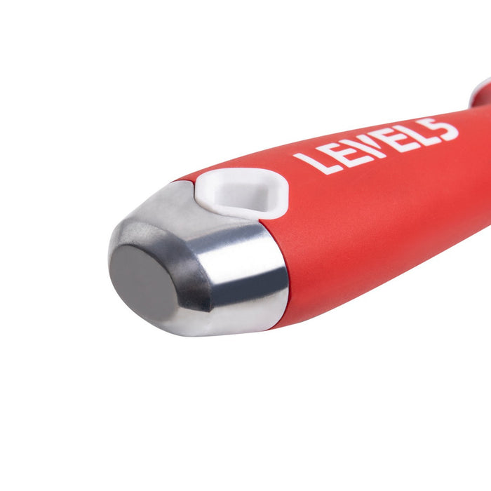 Close-up of Level 5 Trim Puller metal hammer end red soft-grip handle