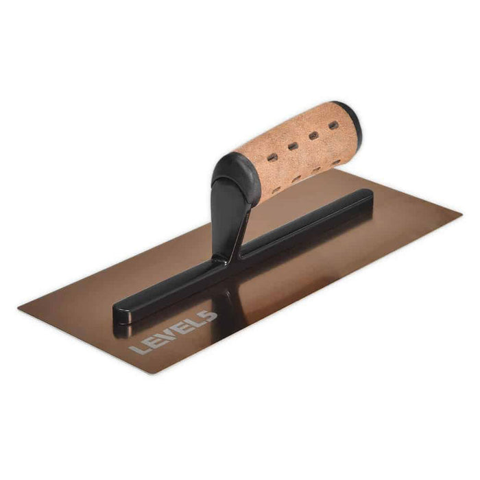 12-inch Level 5 Triple Hardened Rigid Curved Golden Trowel with stainless steel blade, black handle mount, and non-slip leather composite grips