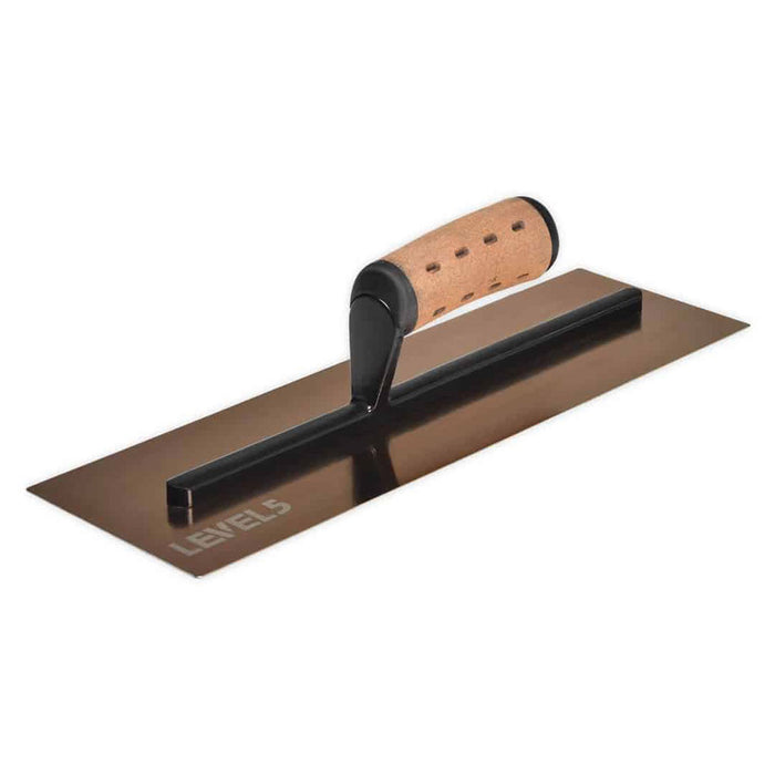 14-inch Level 5 Triple Hardened Rigid Curved Golden Trowel with stainless steel blade, black handle mount, and non-slip leather composite grips