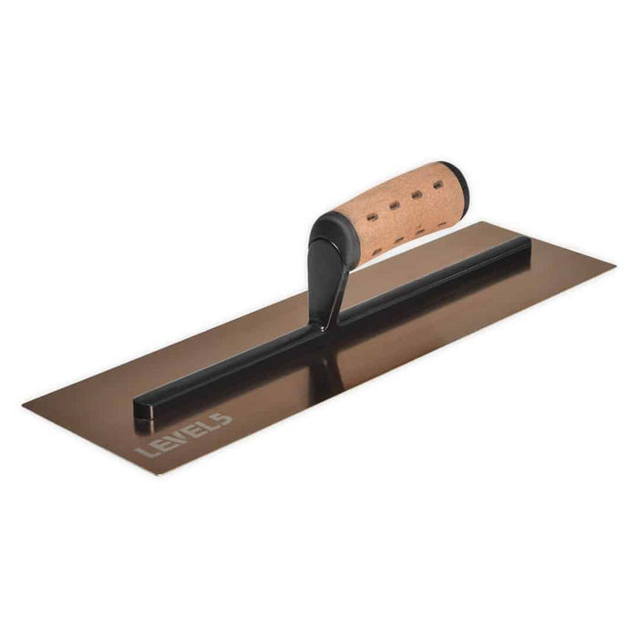 16-inch Level 5 Triple Hardened Rigid Curved Golden Trowel with stainless steel blade, black handle mount, and non-slip leather composite grips