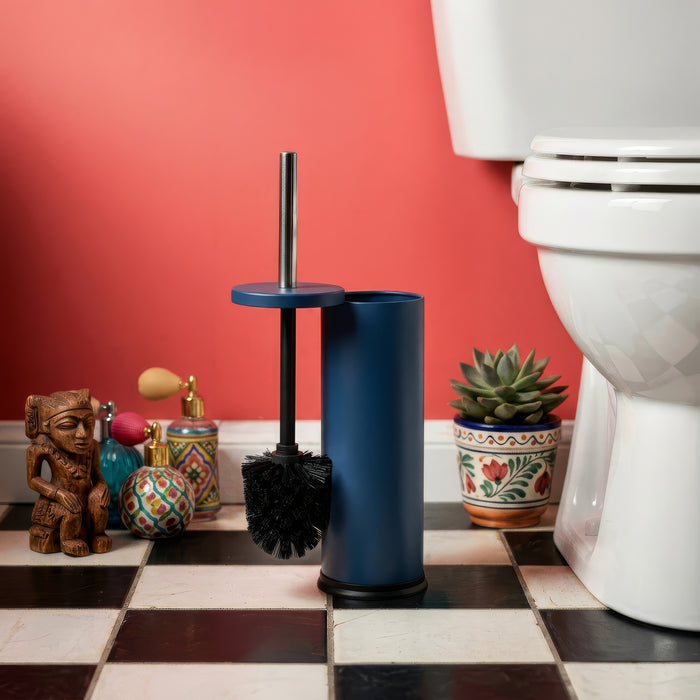 Matt Blue Round Stainless Steel Toilet Brush & Holder