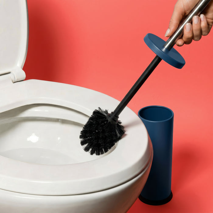 Matt Blue Round Stainless Steel Toilet Brush & Holder