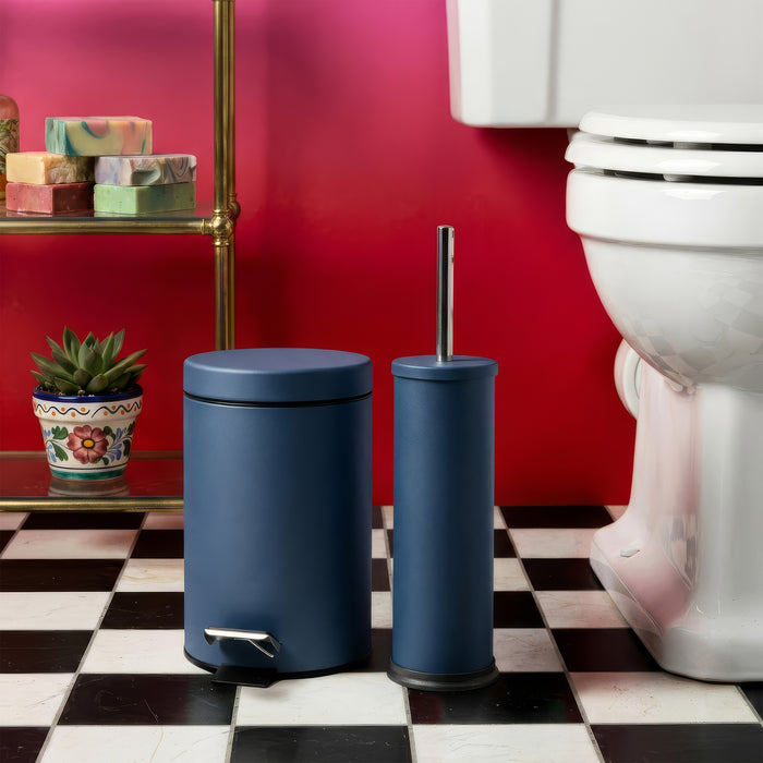 Matt Blue Round Stainless Steel Toilet Brush & Holder