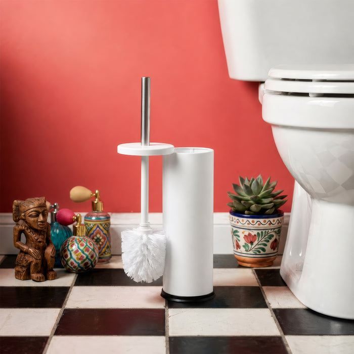 Matt White Round Stainless Steel Toilet Brush & Holder