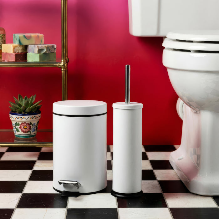Matt White Round Stainless Steel Toilet Brush & Holder