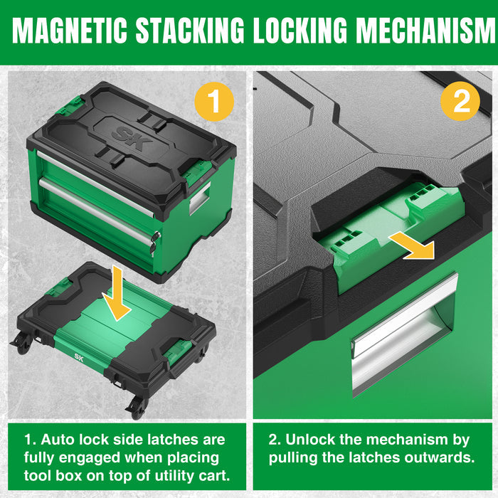 Modular Stackable Storage Toolbox by SK Tools USA, LLC in green and black with 2 drawers and magnetic stacking locking mechanism