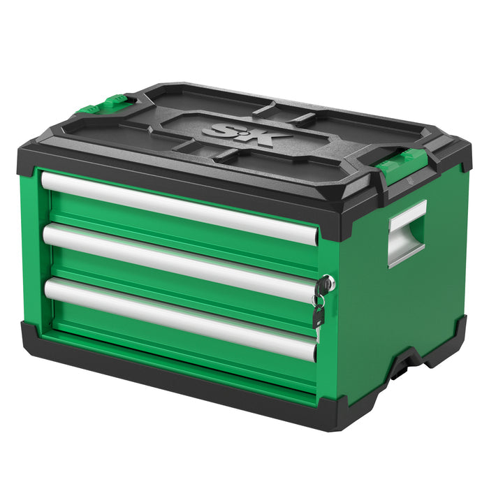 Modular Stackable Storage Toolbox by SK Tools USA, LLC in green with three drawers and a sturdy design