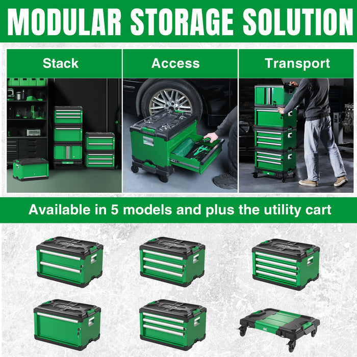Modular Stackable Storage Toolbox by SK Tools USA, LLC in green with three drawers for organized storage and transport